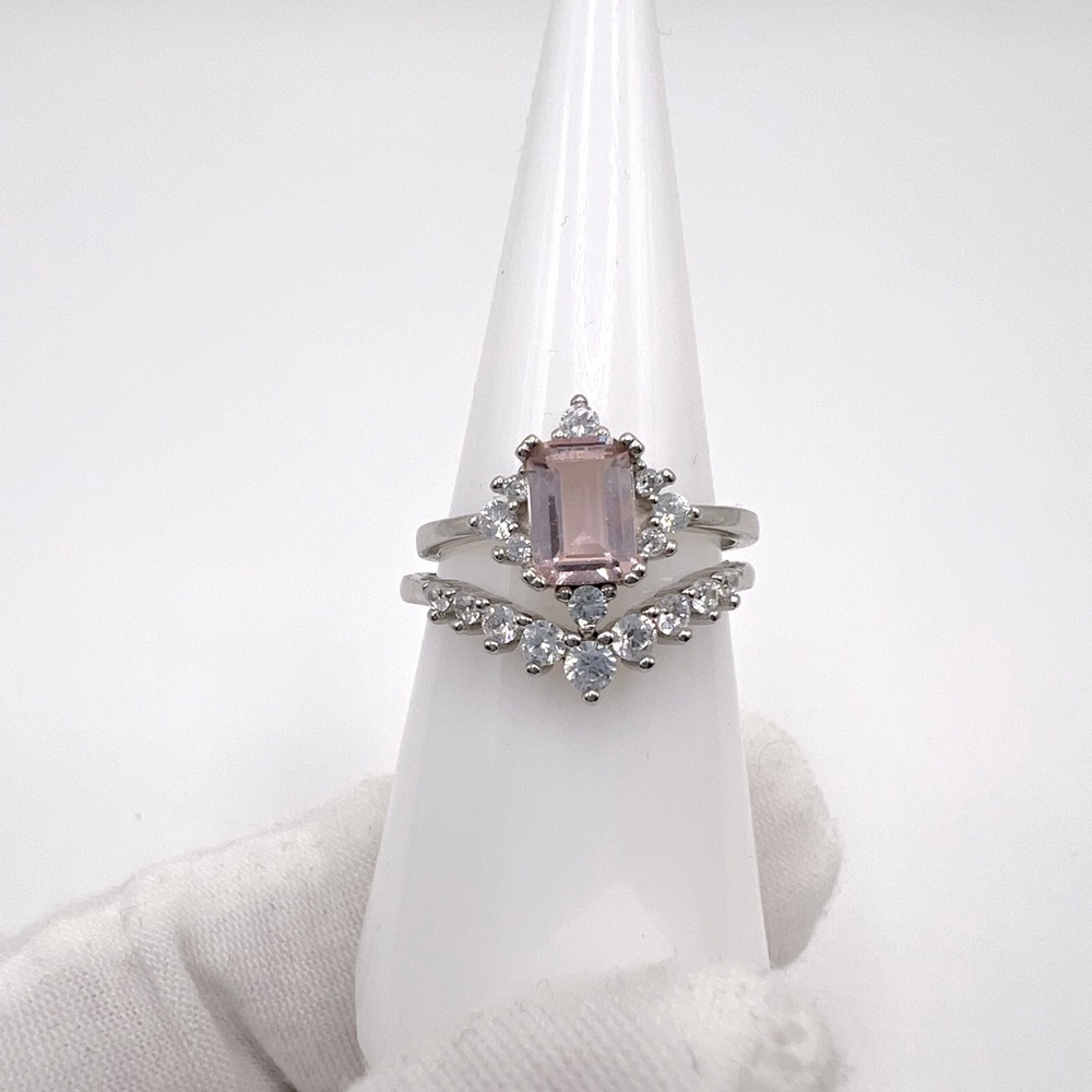.925 Sterling Silver Light Morganite Cz & Clear Cz 2 PC Ring Set - Picture 3 of 17